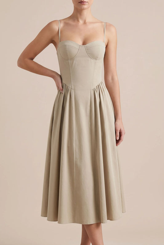 Avenique | Elegancka Sukienka Gorsetowa Midi Na Cienkich Ramiączkach