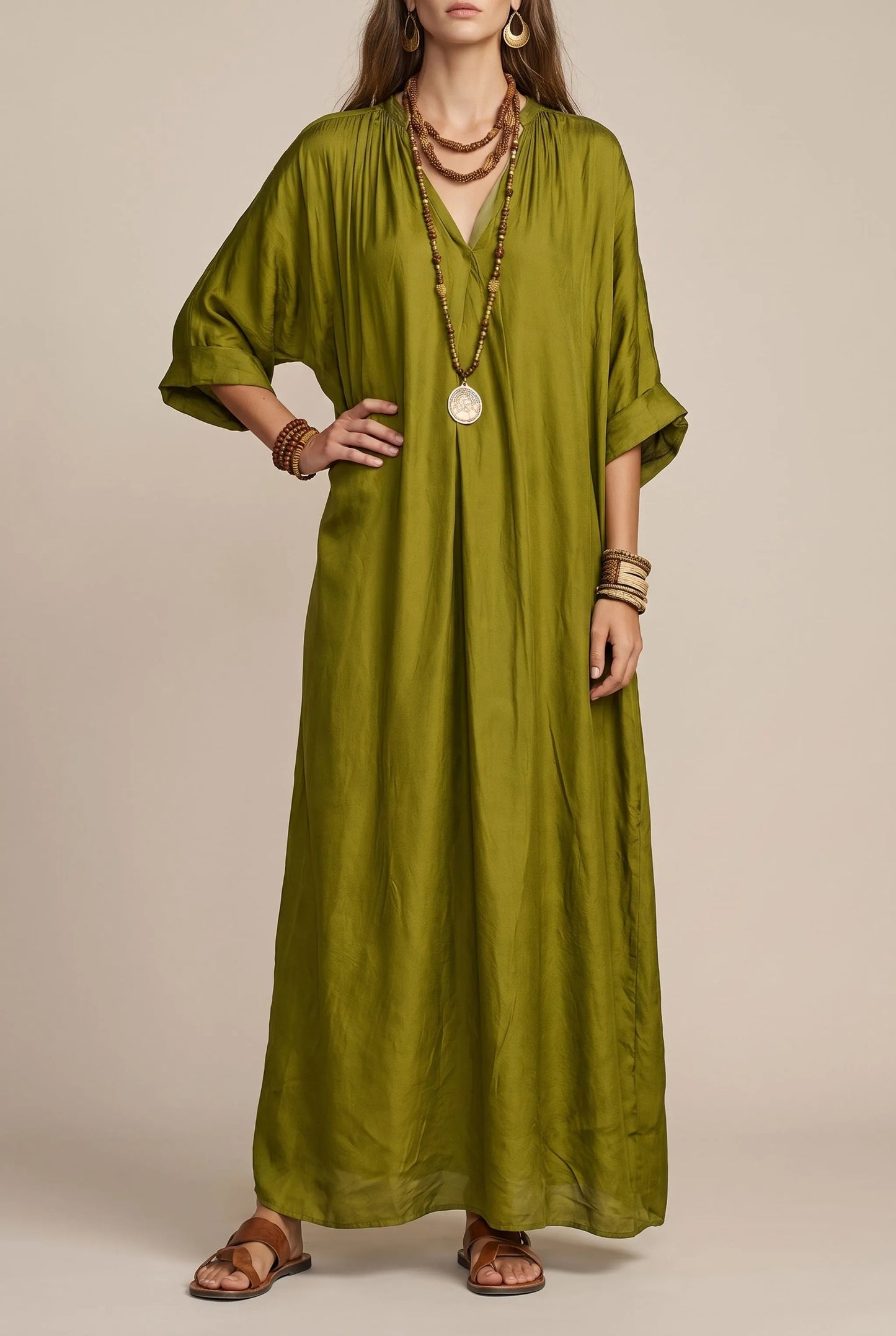 Bohella | Oliwkowa Sukienka Maxi W Swobodnym Fasonie