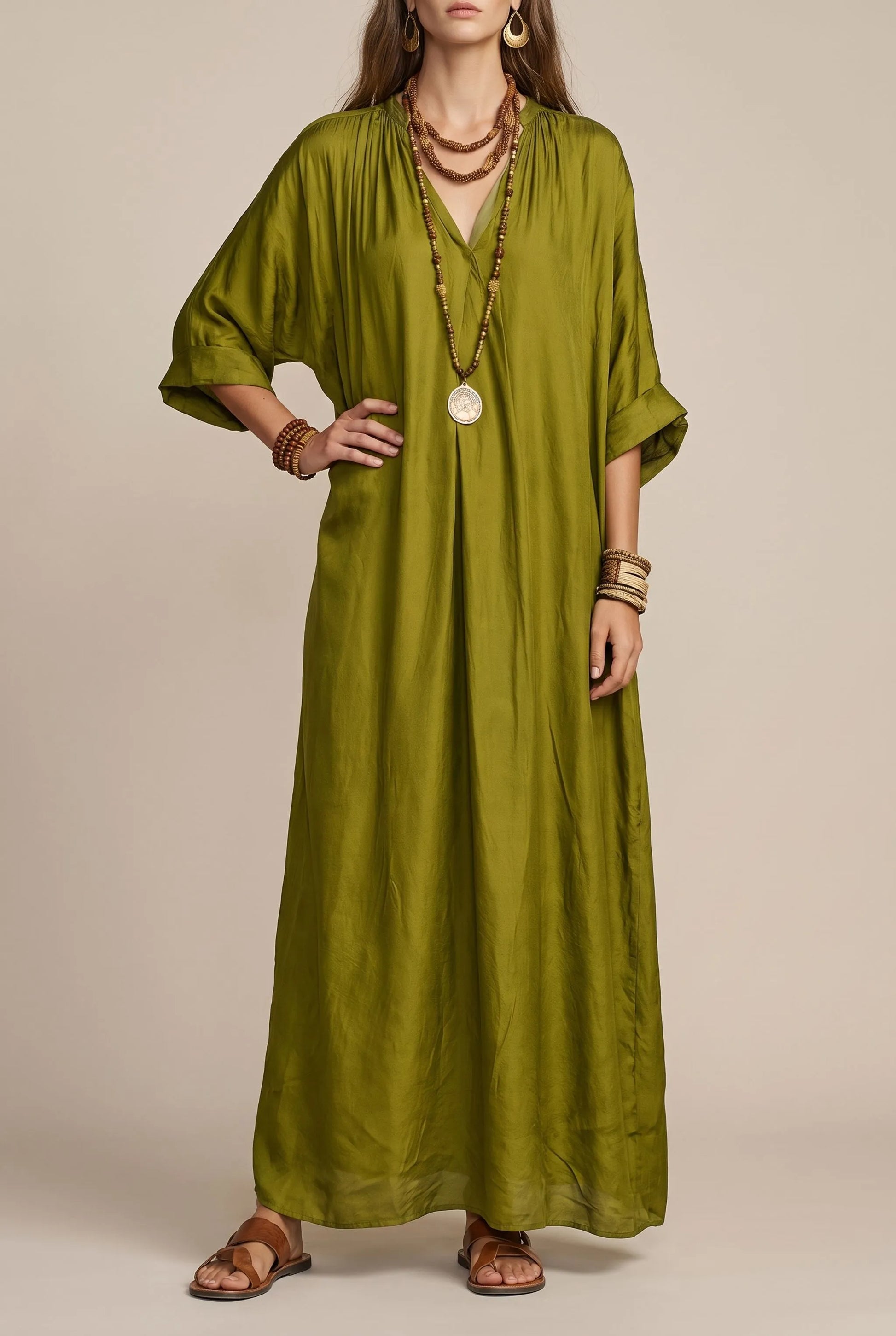 Bohella | Oliwkowa Sukienka Maxi W Swobodnym Fasonie