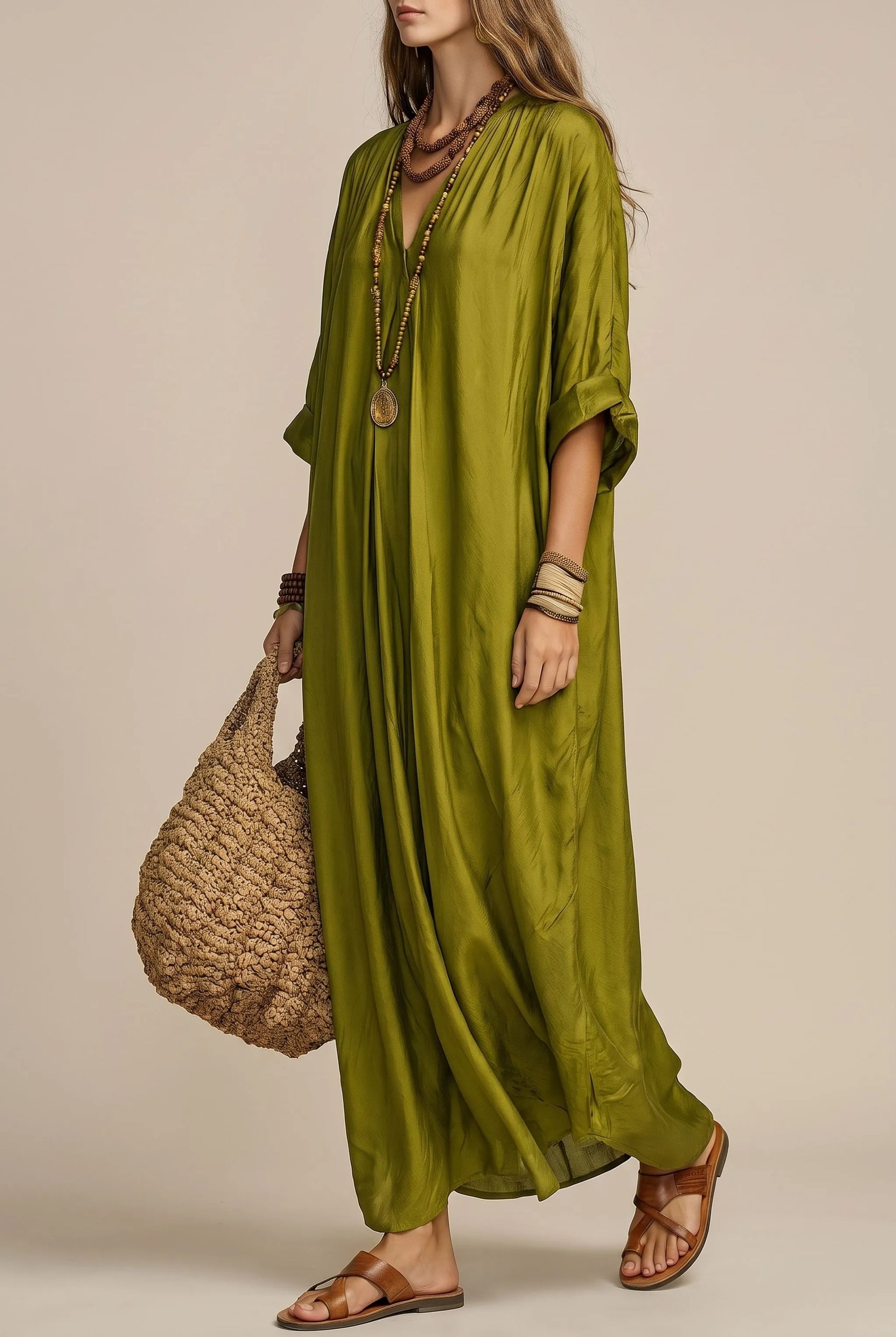 Bohella | Oliwkowa Sukienka Maxi W Swobodnym Fasonie
