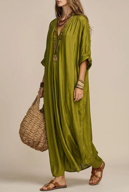 Bohella | Oliwkowa Sukienka Maxi W Swobodnym Fasonie