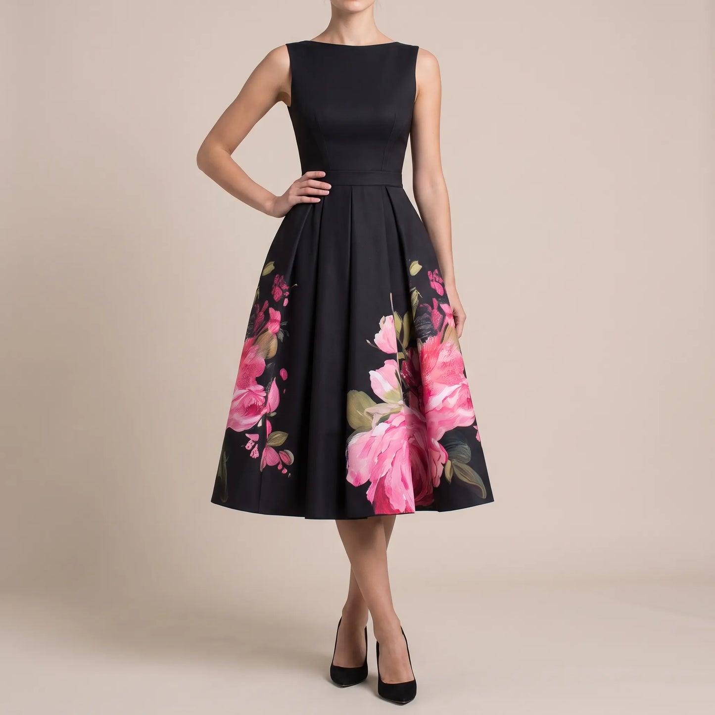 Festiva | Elegancka Rozkloszowana Czarna Sukienka Midi