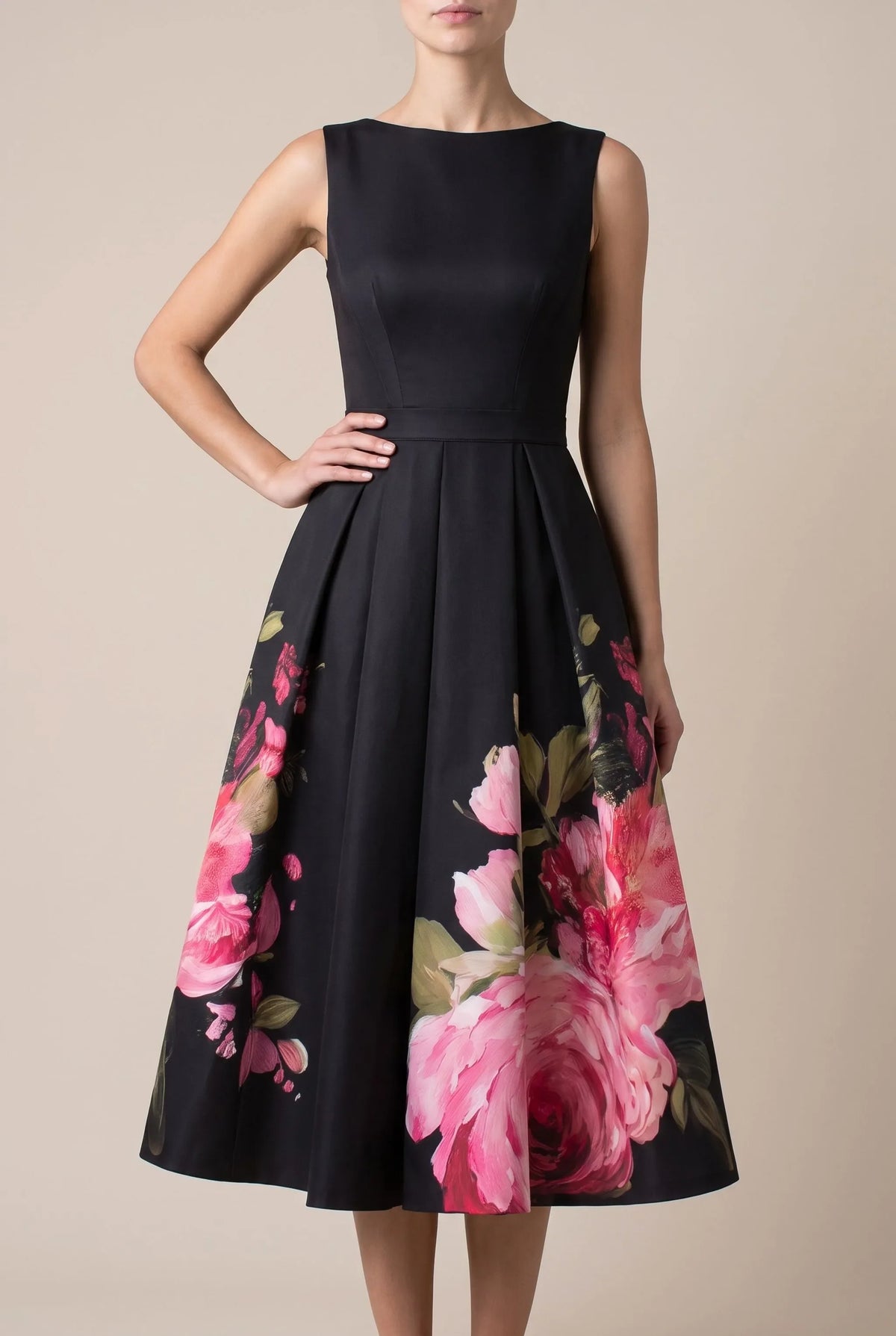 Festiva | Elegancka Rozkloszowana Czarna Sukienka Midi