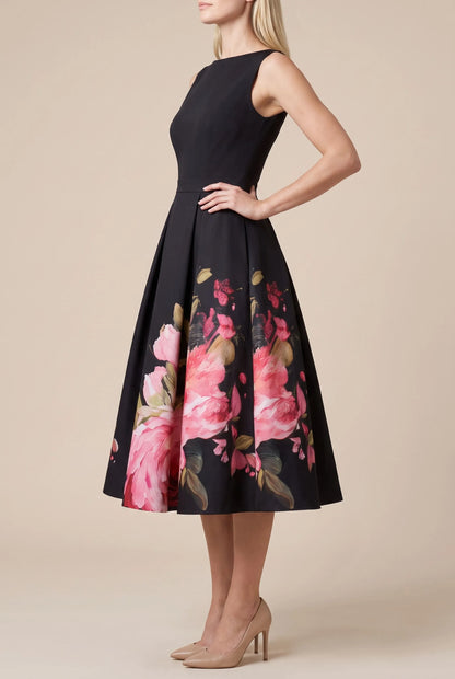 Festiva | Elegancka Rozkloszowana Czarna Sukienka Midi