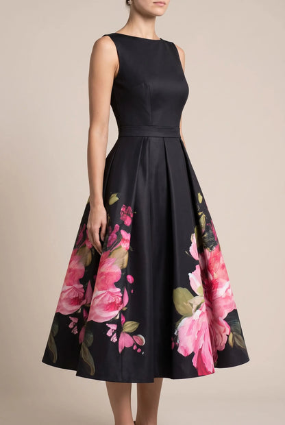 Festiva | Elegancka Rozkloszowana Czarna Sukienka Midi